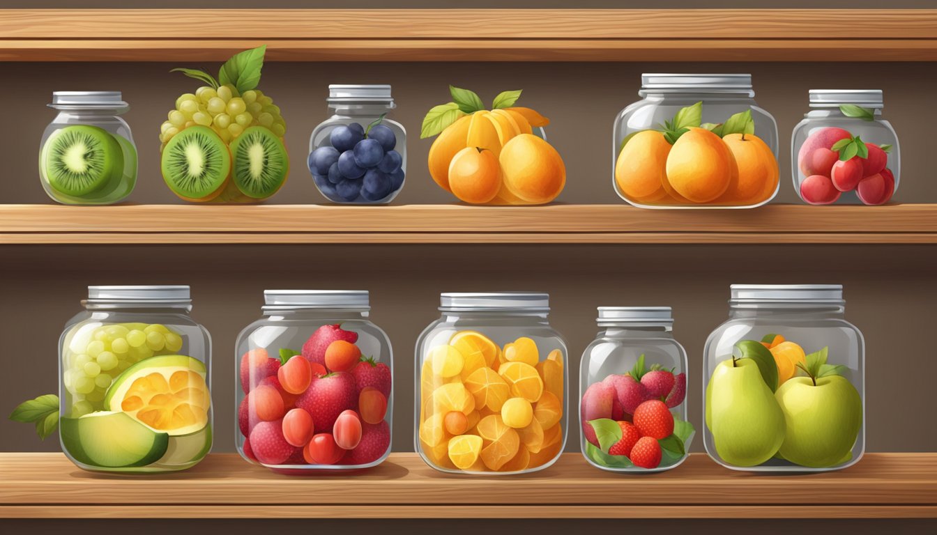 A variety of freshly prepared fruit compotes arranged on a wooden shelf, with colorful fruits and jars lined up neatly