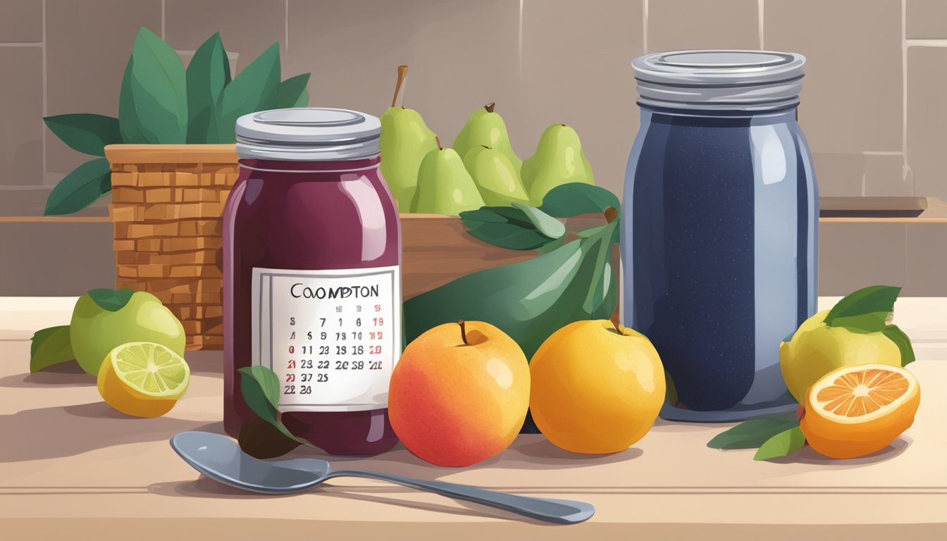 A jar of fruit compote sits on a kitchen counter, surrounded by fresh fruits and a serving spoon. A calendar on the wall shows the current date