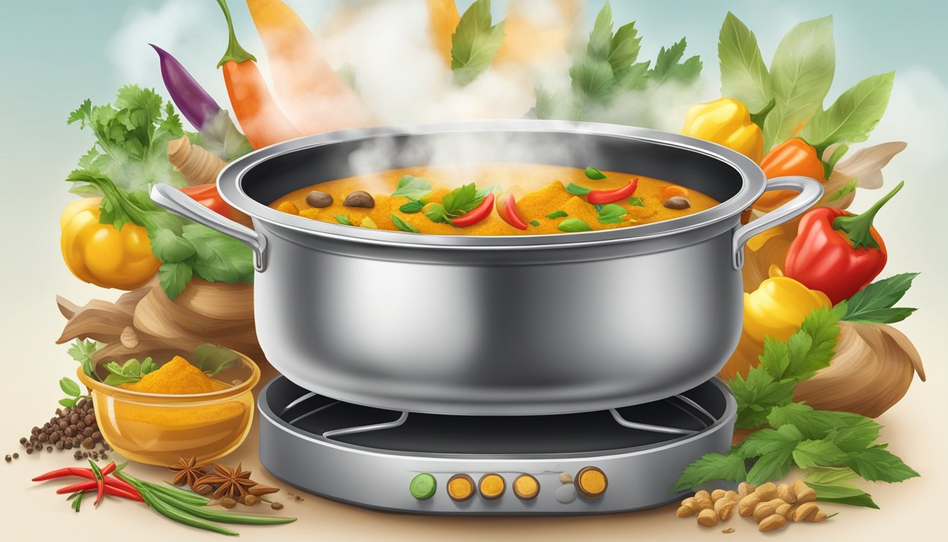 A steaming pot of curry sits on a stove, surrounded by colorful spices and fresh ingredients. Steam rises from the pot, filling the kitchen with the rich aroma of the flavorful dish