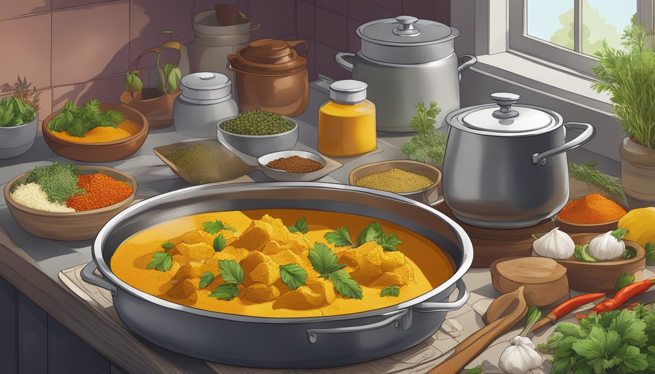 A steaming pot of freshly prepared curry sits on a kitchen counter, surrounded by colorful spices and herbs. A calendar on the wall shows the current date