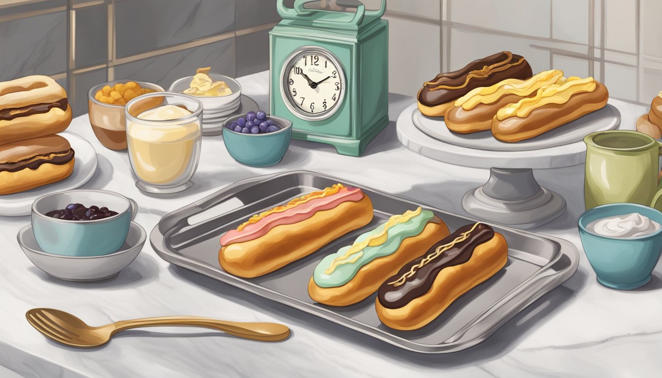 A tray of freshly prepared eclairs sits on a marble countertop, surrounded by scattered ingredients and utensils. A clock on the wall shows the current time