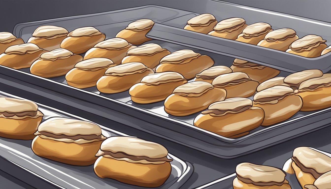 A batch of freshly prepared eclairs arranged on a tray, with a freezer in the background