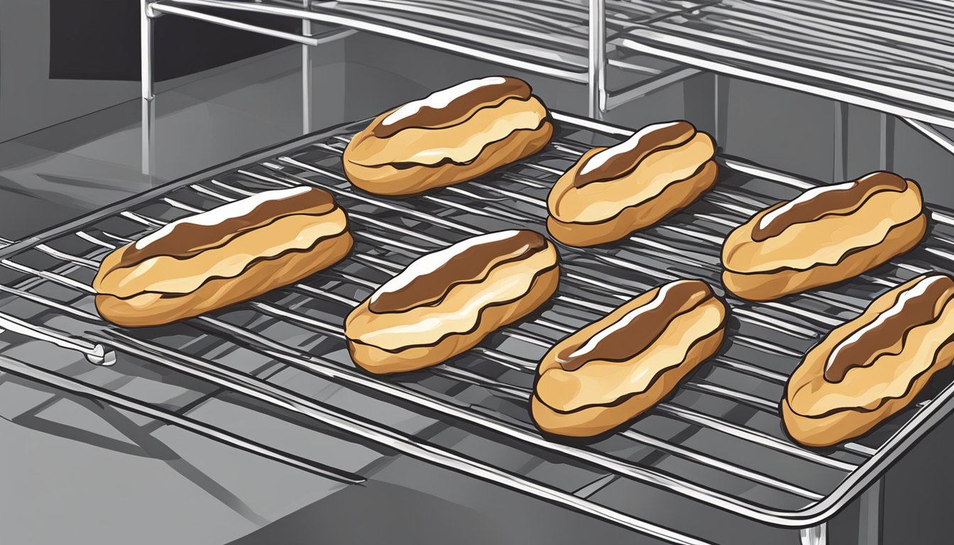 A batch of freshly baked eclairs arranged on a cooling rack, with airtight containers nearby for storing