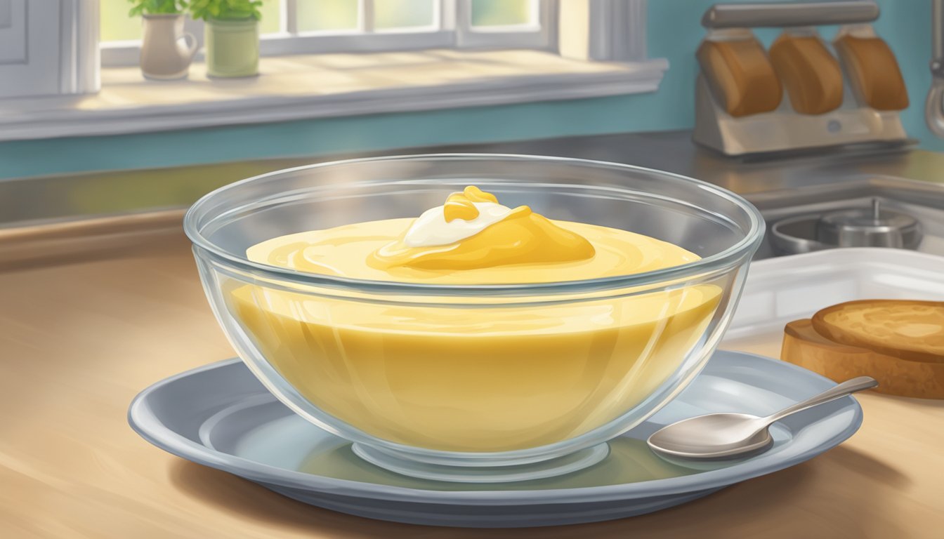 A clear glass bowl of custard sits on a kitchen counter. A clock on the wall shows the passage of time