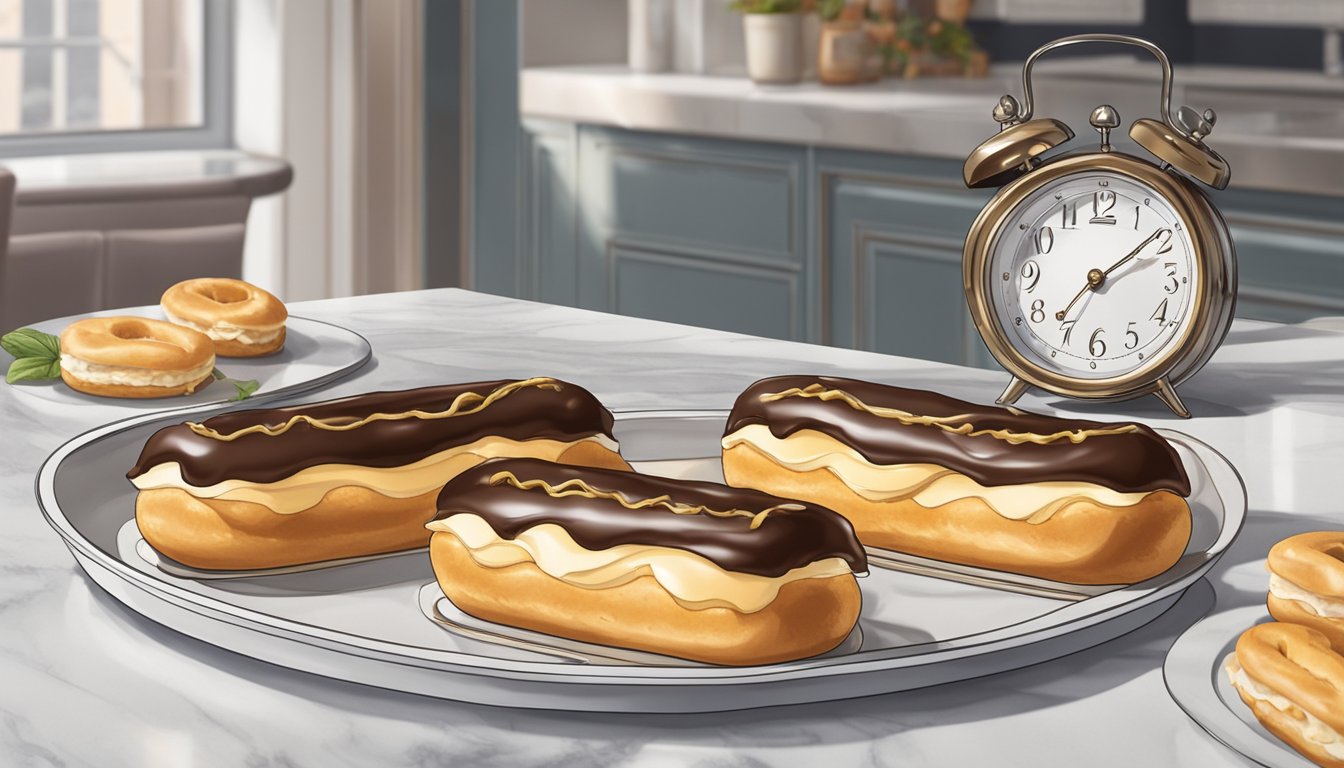 A tray of freshly prepared eclairs sits on a marble countertop, with a clock in the background showing the current time