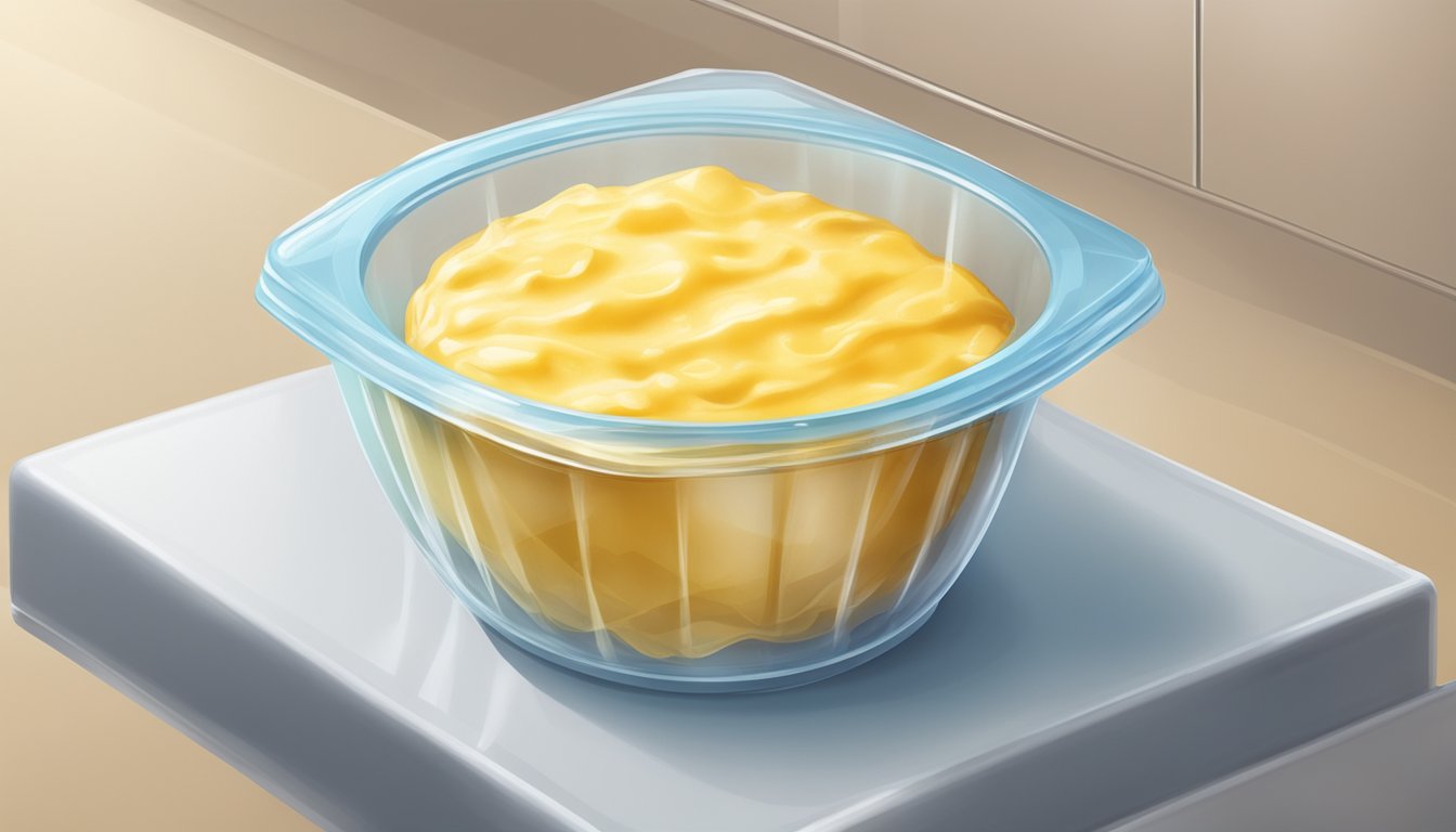 A glass bowl of custard covered with plastic wrap in a refrigerator