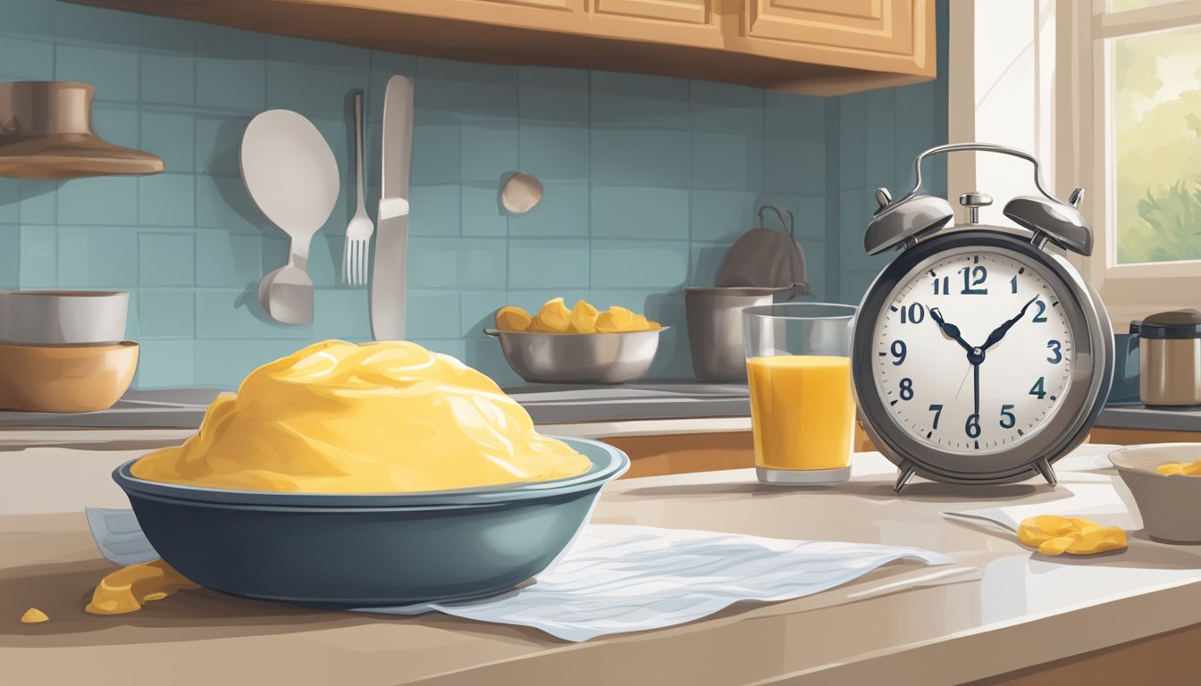 A bowl of custard sits on a kitchen counter, covered with plastic wrap. A calendar on the wall shows the current date. A clock on the counter displays the time