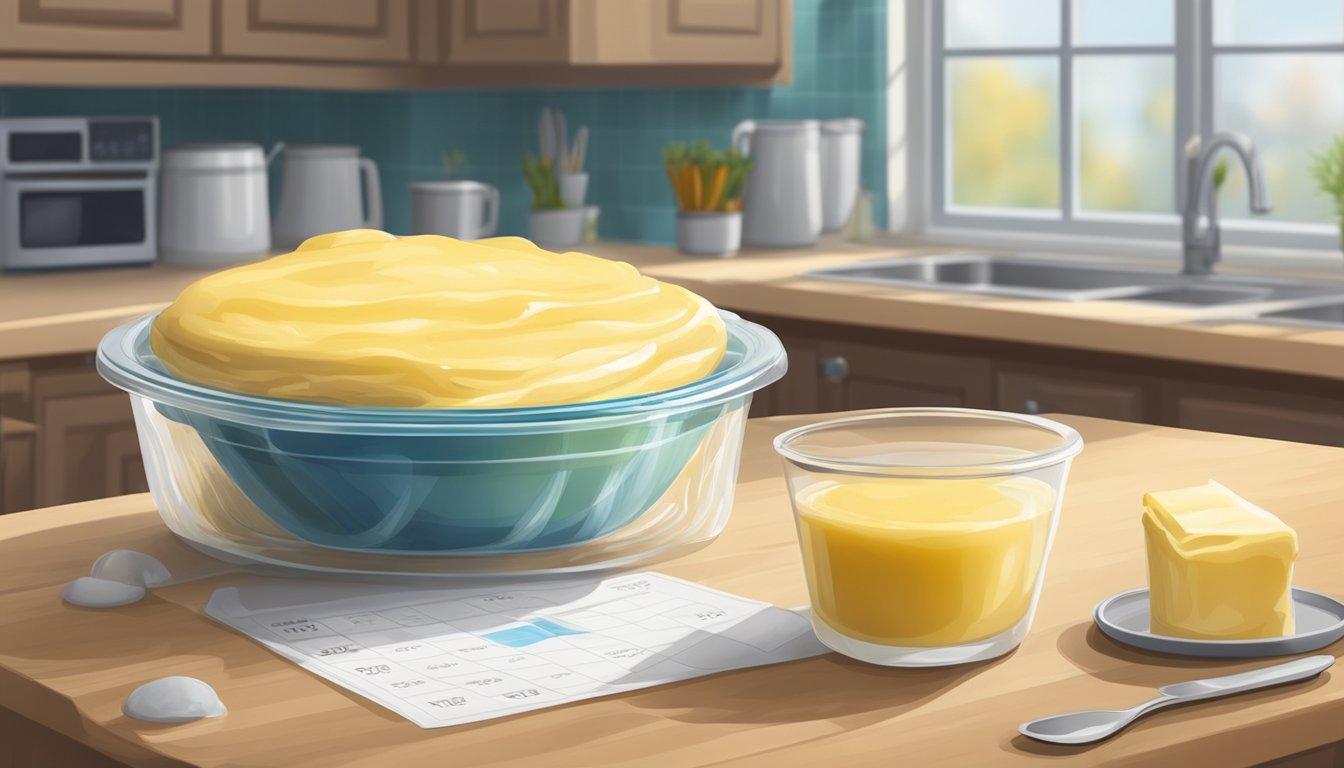 A glass bowl of freshly prepared custard sits on a kitchen counter, covered with plastic wrap. A calendar on the wall shows the current date