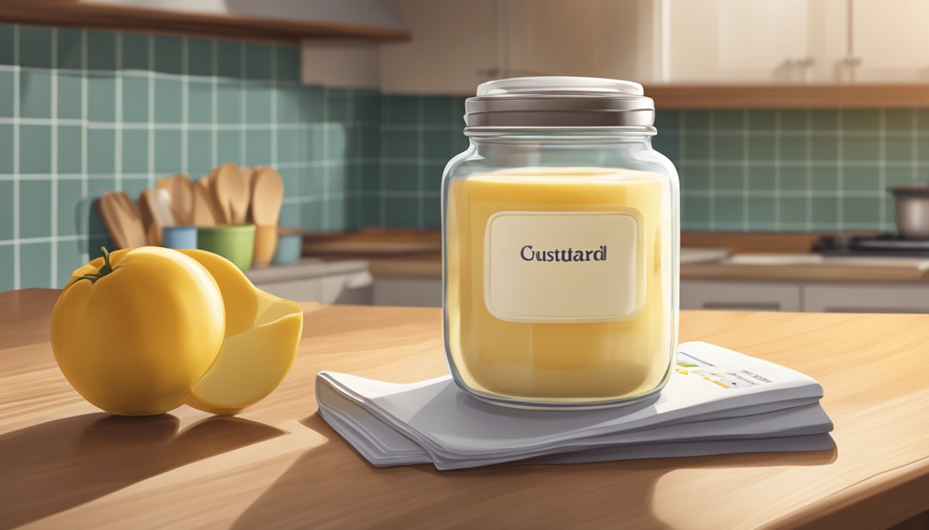 A glass jar of freshly prepared custard with a lid on a kitchen counter. A calendar on the wall shows the current date