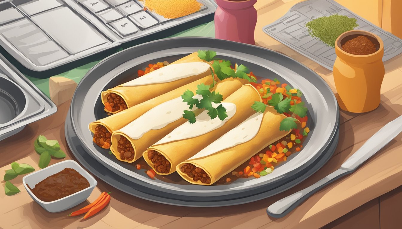 A steaming plate of enchiladas sits on a kitchen counter, surrounded by colorful ingredients and spices. A calendar on the wall shows the current date