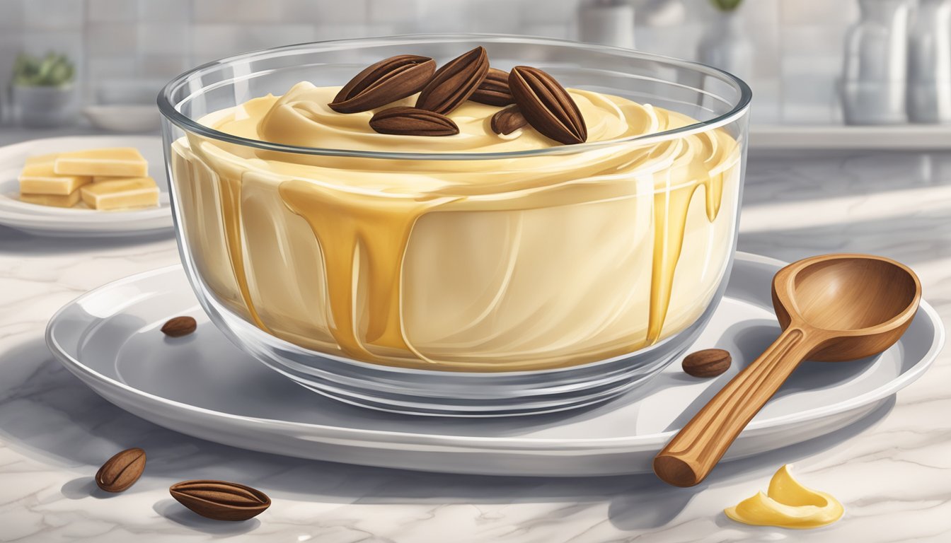 A glass bowl of custard sits on a marble countertop, surrounded by vanilla beans and a whisk. The creamy dessert is topped with a sprinkle of nutmeg