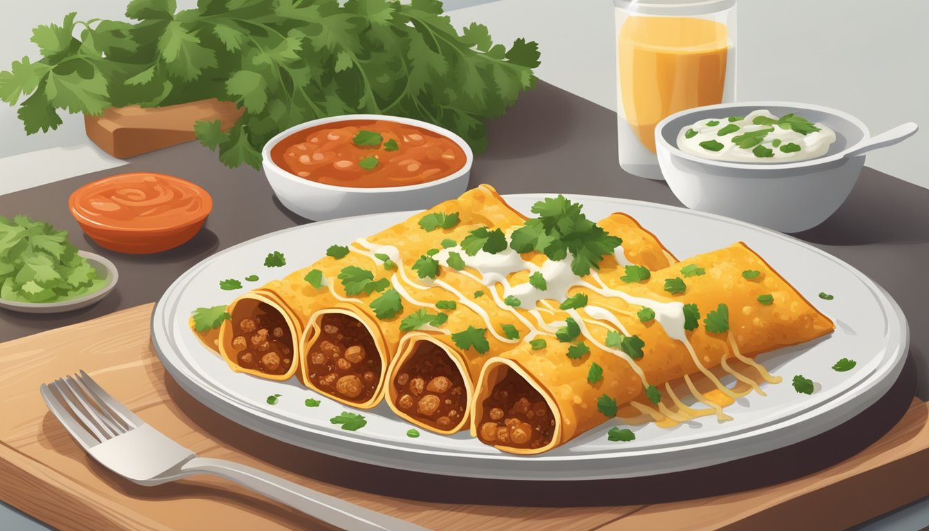 A plate of freshly prepared enchiladas sits on a clean, well-lit kitchen counter. The enchiladas are covered in a savory sauce and garnished with fresh cilantro and a sprinkle of cheese