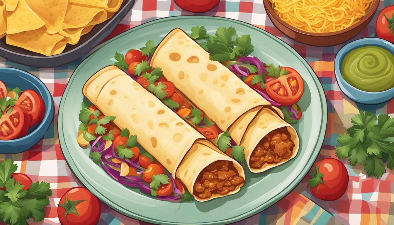 A plate of freshly prepared enchiladas sits on a colorful tablecloth, surrounded by vibrant ingredients like tomatoes, cilantro, and cheese