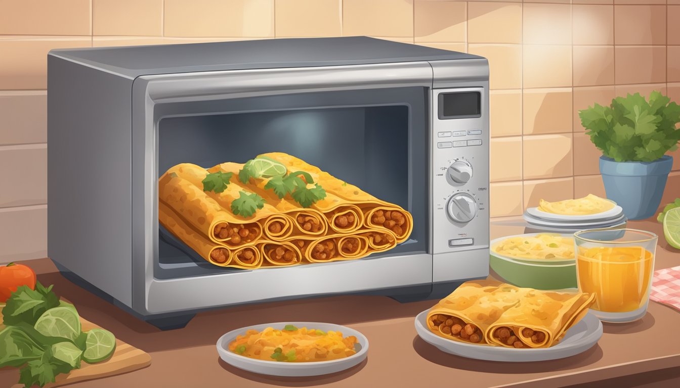 A plate of enchiladas sits in the microwave, the timer set and the warm, savory aroma filling the kitchen