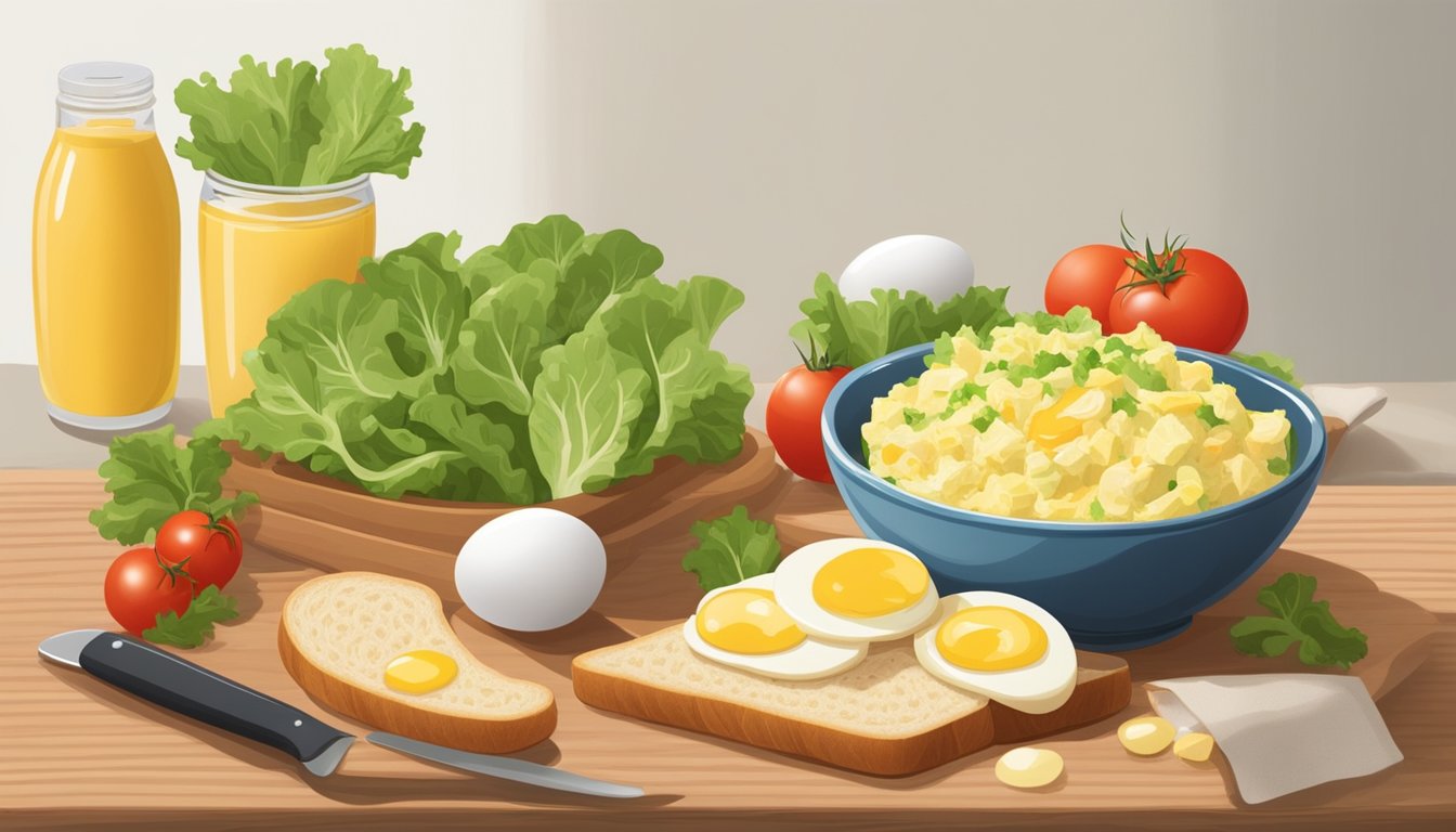 A bowl of egg salad sits on a wooden cutting board, surrounded by sliced bread, lettuce, and tomatoes. A small container of dressing is nearby