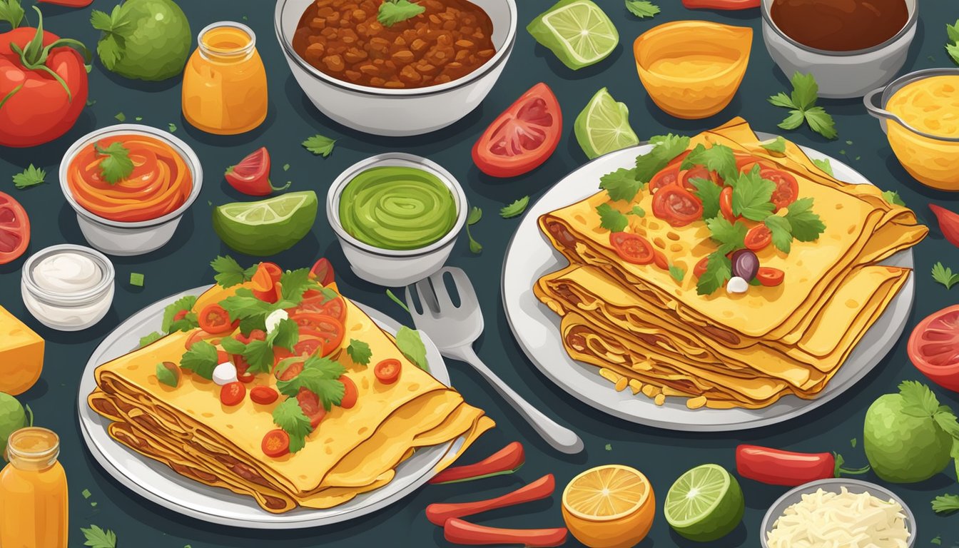 A stack of colorful enchiladas arranged on a plate, covered in sauce and cheese, surrounded by fresh ingredients and cooking utensils