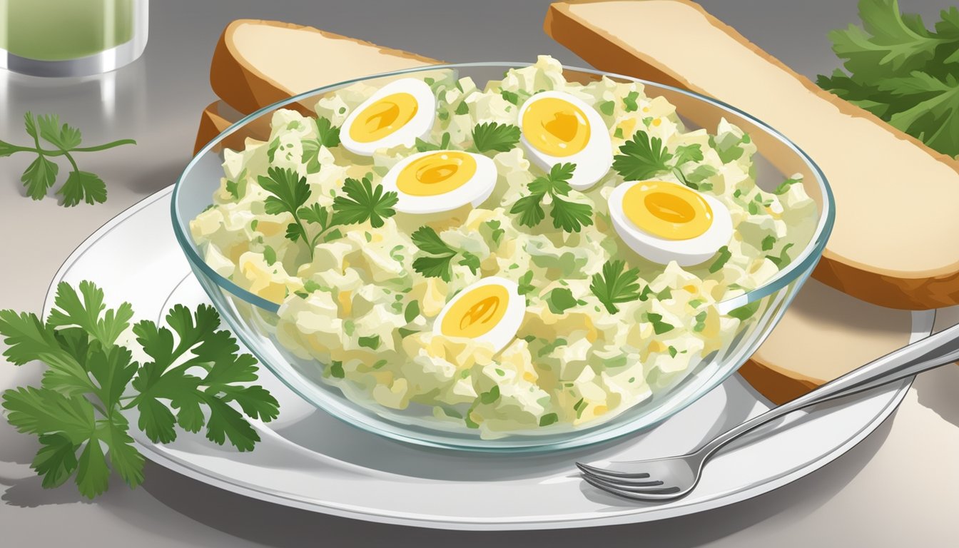 A clear glass bowl of egg salad sits on a white plate, surrounded by a few slices of bread and a sprig of parsley. A calendar with the current date is visible in the background