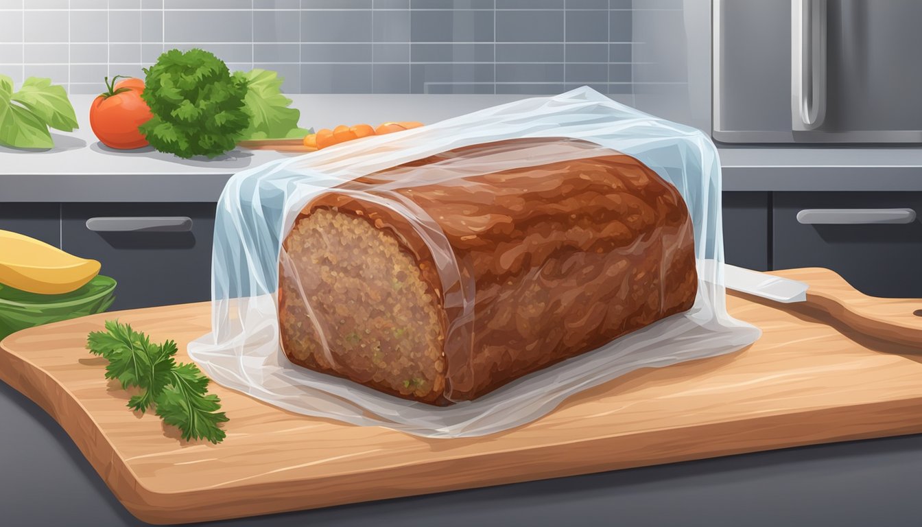 A freshly prepared meatloaf sits on a wooden cutting board, covered with plastic wrap, next to a refrigerator