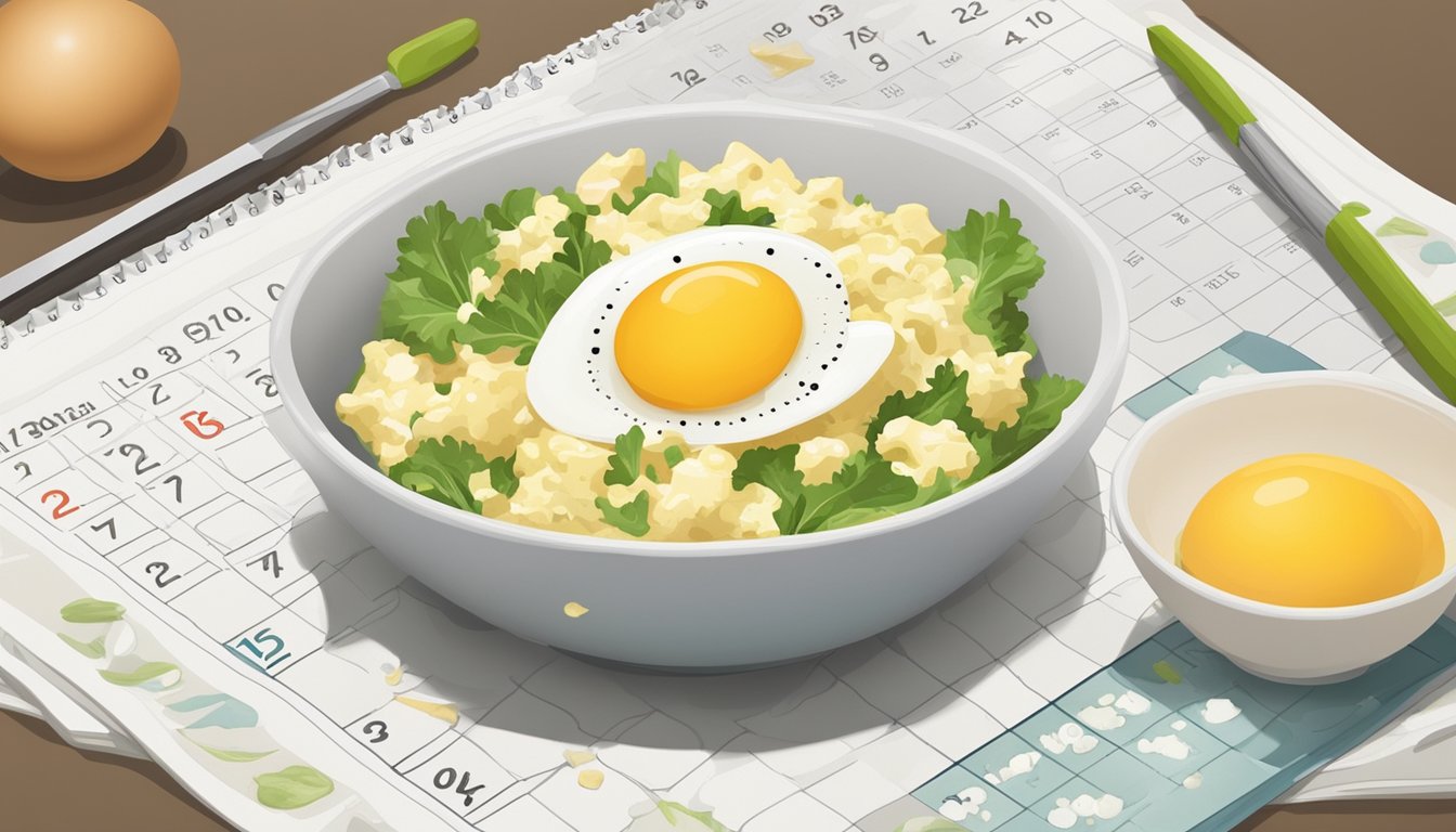 A bowl of egg salad sits on a counter, surrounded by a calendar and a clock. The salad is beginning to show signs of spoilage, with a sour smell and discolored appearance