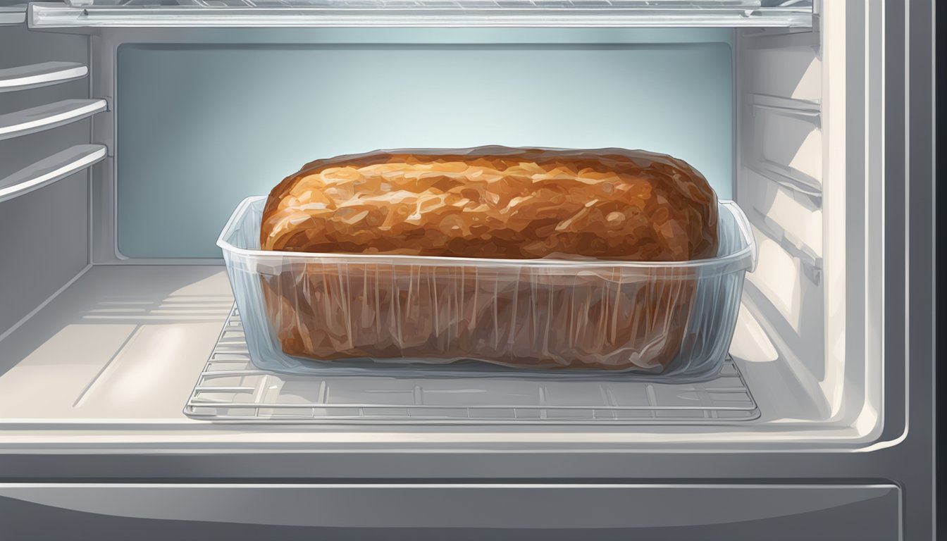 A slice of meatloaf wrapped in plastic wrap, placed in a refrigerator with a date label