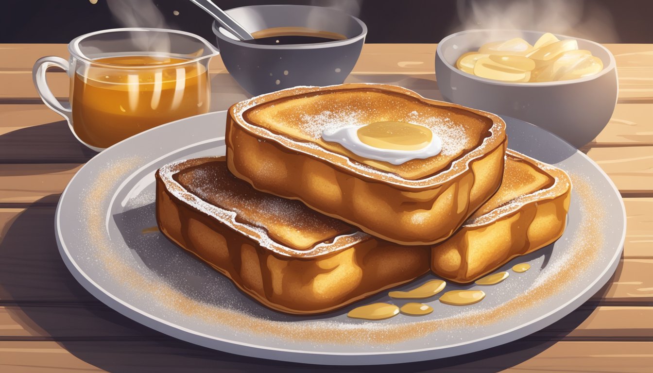 A plate of French toast sits on a wooden table, surrounded by a sprinkle of powdered sugar and a drizzle of maple syrup. Steam rises from the warm, golden slices