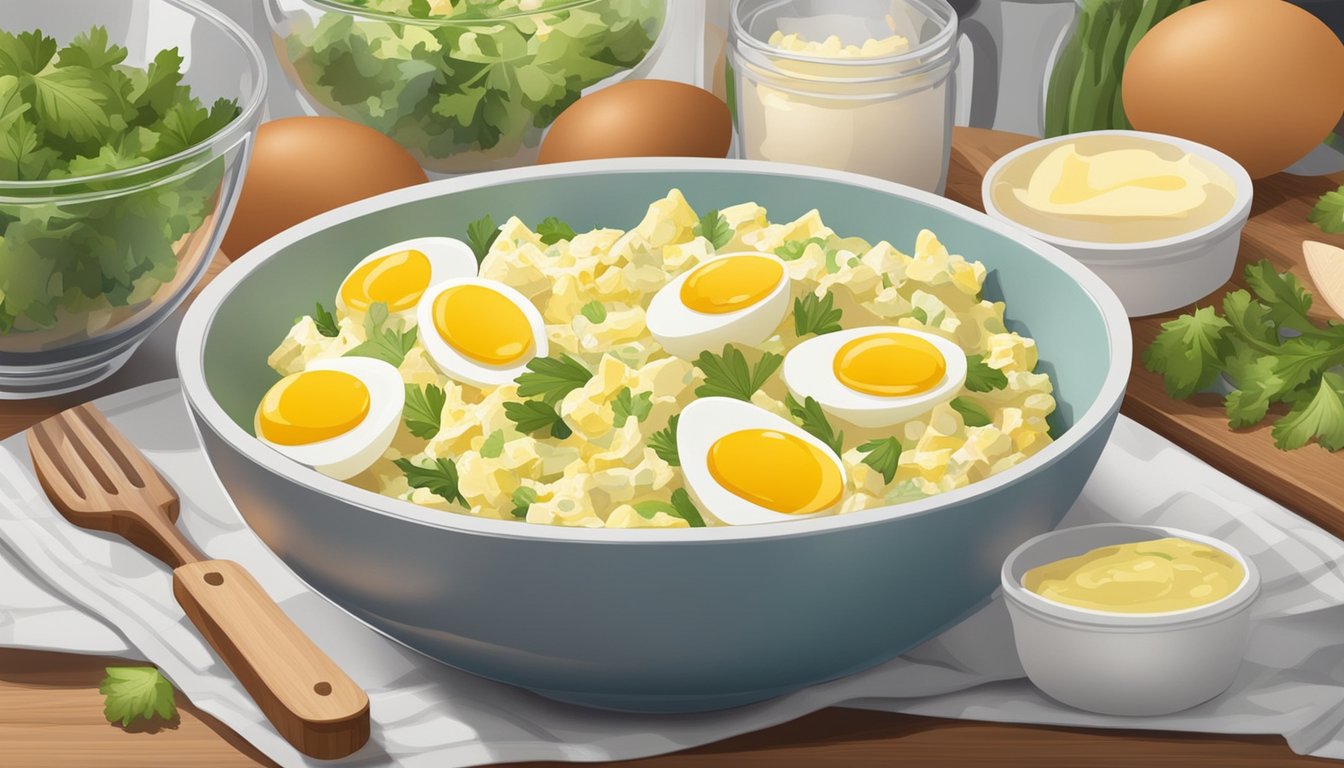 A bowl of egg salad sits on a kitchen counter, surrounded by ingredients and utensils. The salad appears fresh and ready to be consumed