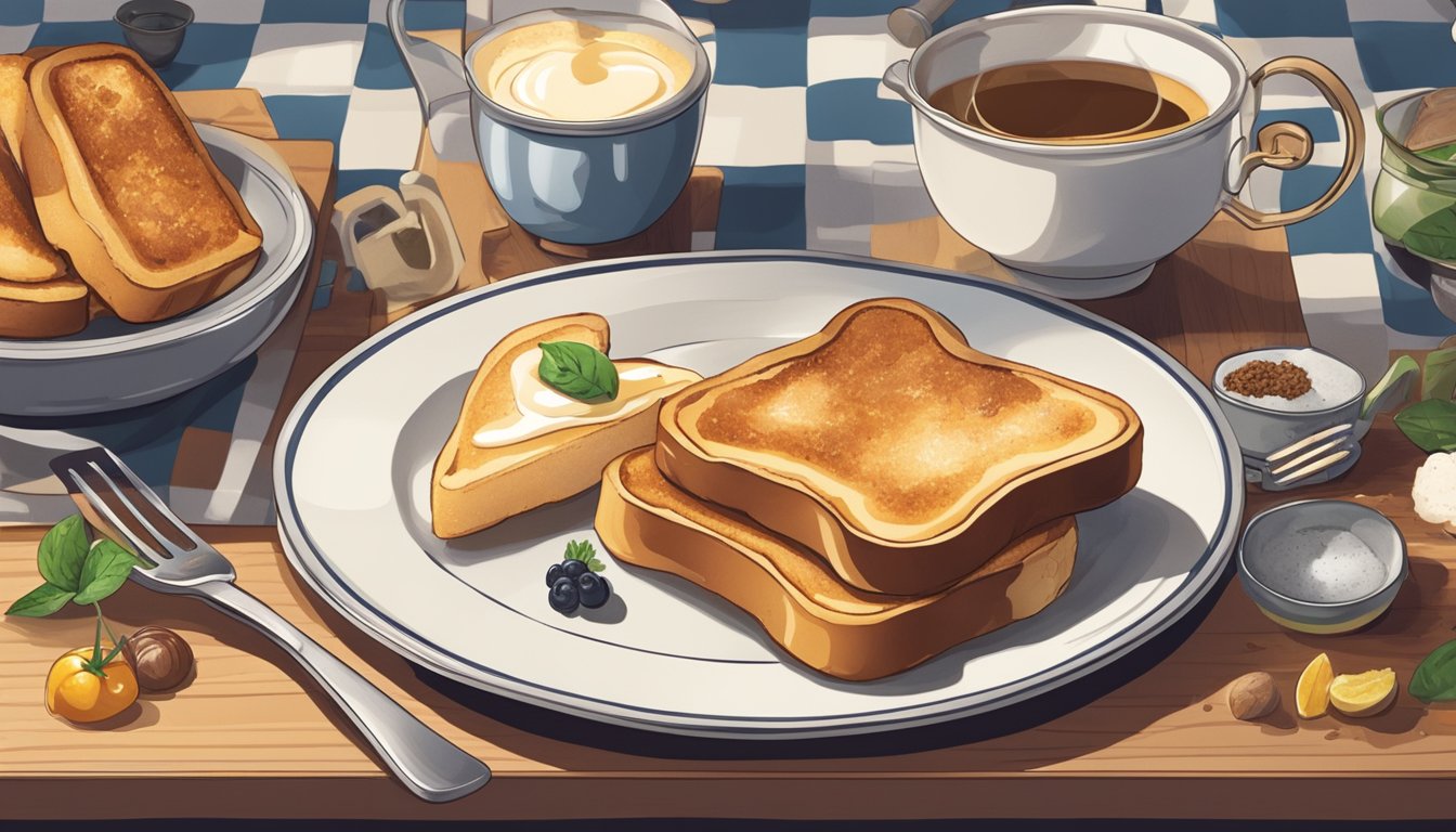 A plate of French toast sits on a kitchen counter, surrounded by ingredients and a clock showing the time it was prepared