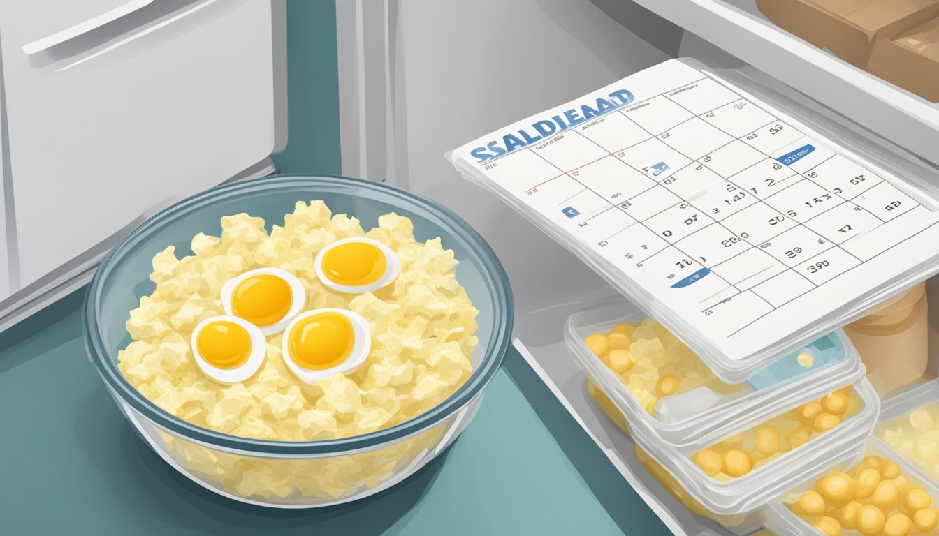 A bowl of egg salad sits in the refrigerator, covered with plastic wrap. A calendar on the wall shows the current date