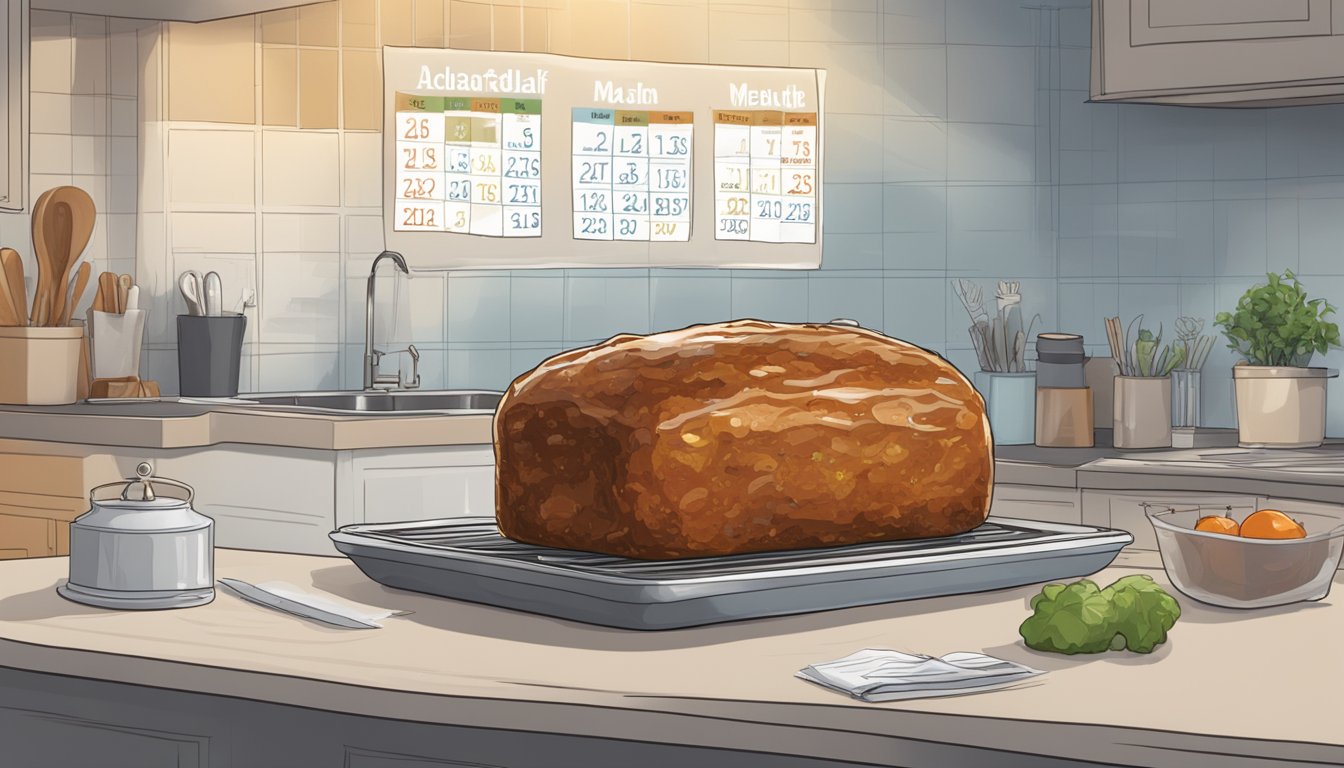 A meatloaf sits on a kitchen counter, covered with plastic wrap. A calendar on the wall shows the current date