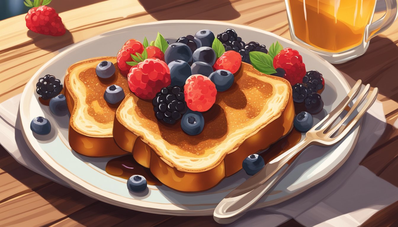 A plate of French toast sits on a wooden table, surrounded by fresh berries and a drizzle of syrup. Sunlight streams through a nearby window, highlighting the golden brown edges of the toast