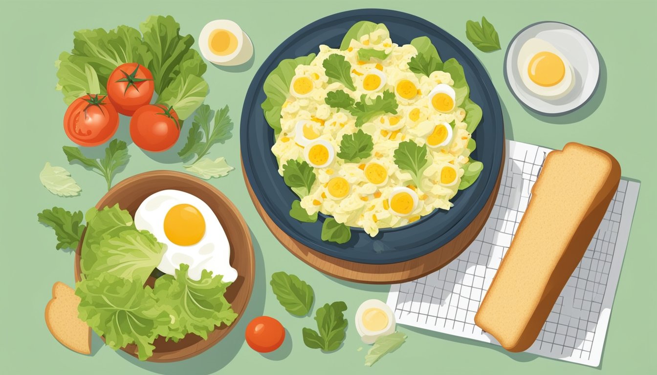 A bowl of egg salad surrounded by different ingredients like lettuce, tomatoes, and bread slices. A calendar on the wall shows the current date