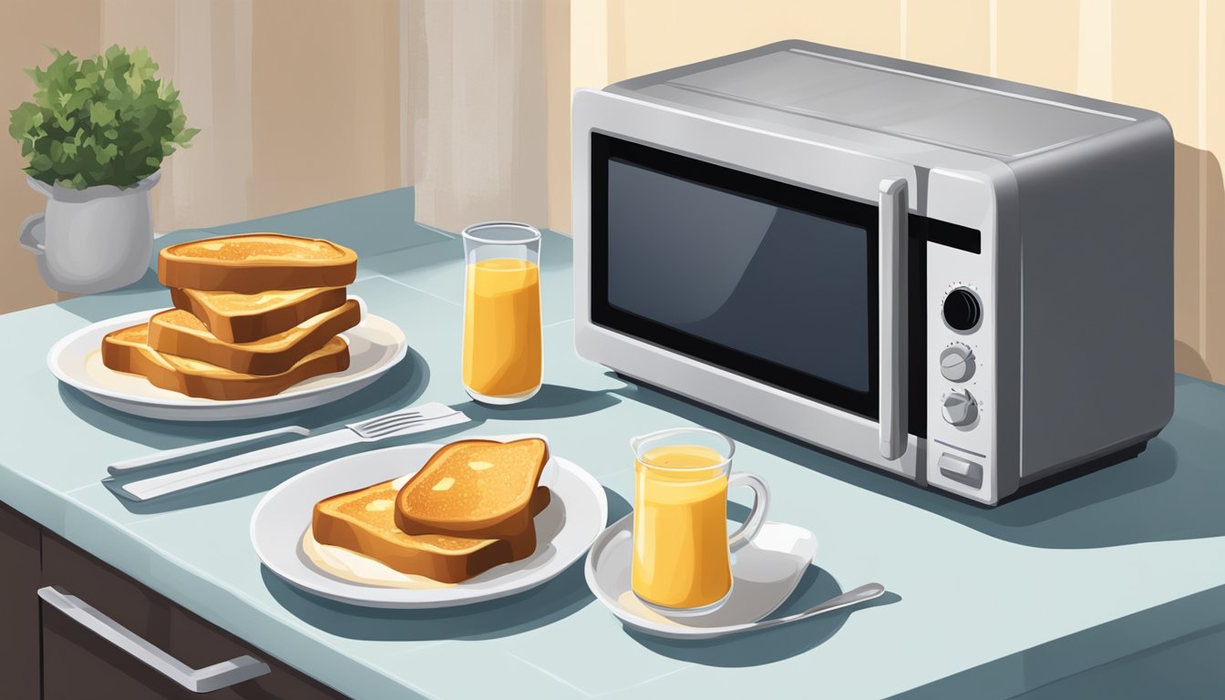 Freshly prepared French toast sits on a plate, covered with a lid, next to a microwave