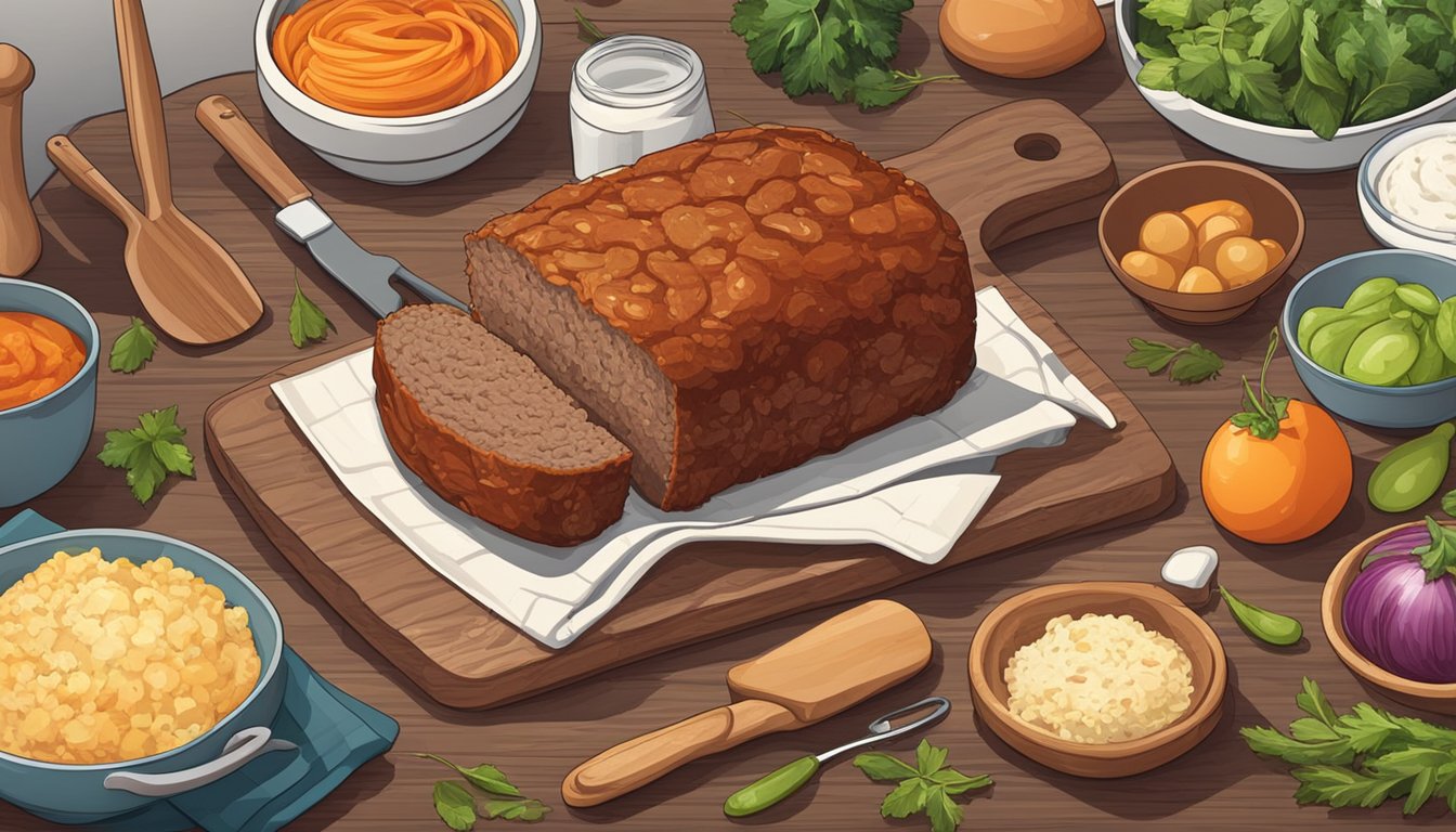 A meatloaf sitting on a wooden cutting board, surrounded by various ingredients and cooking utensils in a cozy kitchen