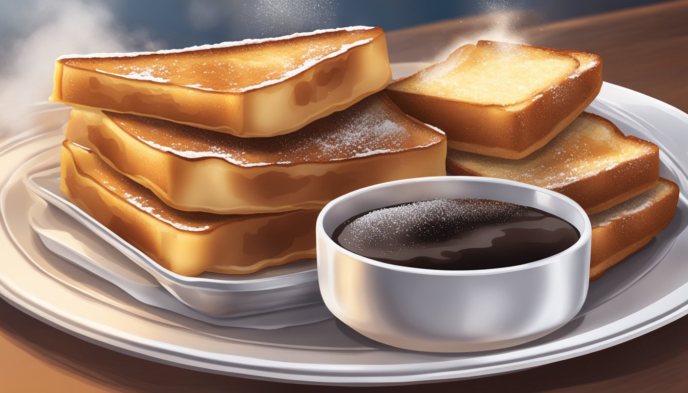 A plate of French toast sits on a table, steam rising from the warm slices. A side of syrup and a sprinkle of powdered sugar add to the inviting display