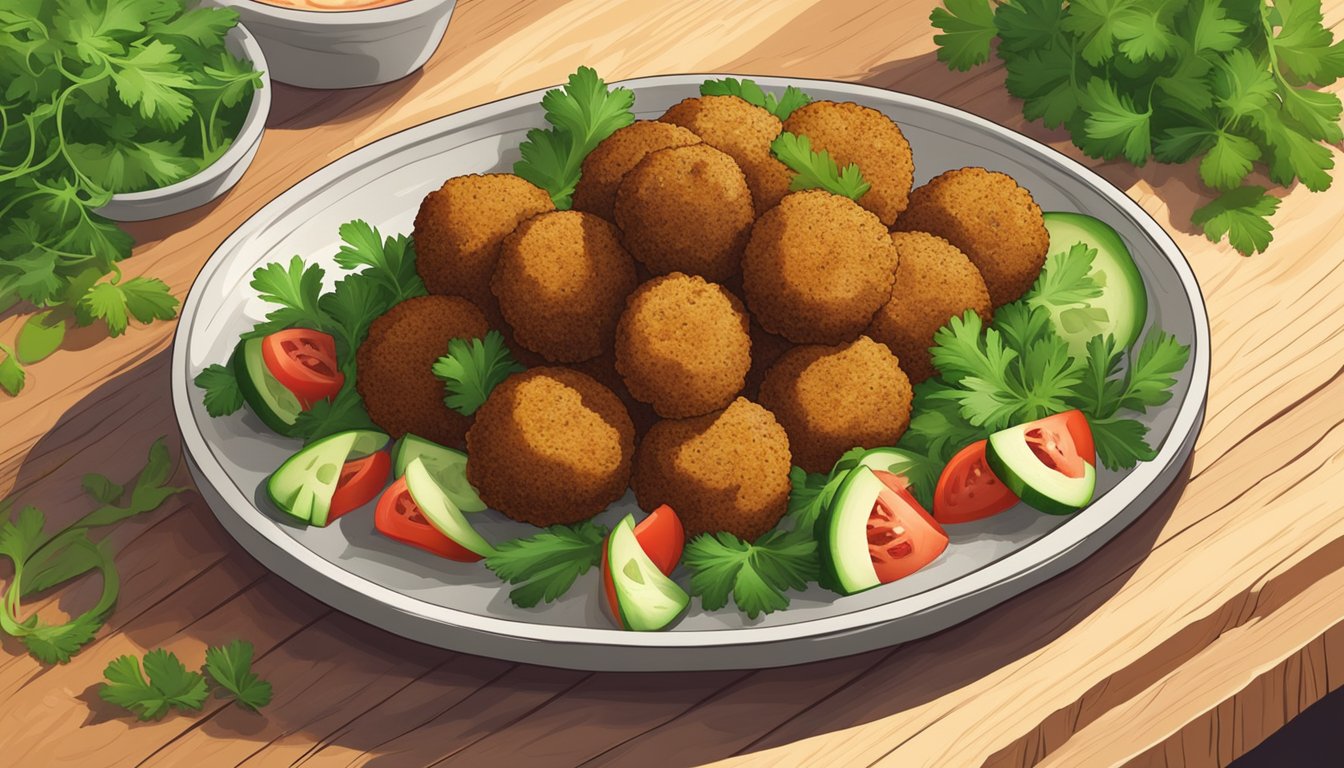 A plate of freshly prepared falafel sits on a wooden cutting board, surrounded by vibrant green parsley and colorful slices of tomato and cucumber