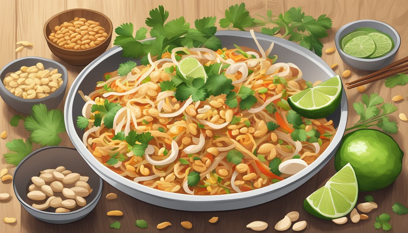 A steaming plate of Pad Thai sits on a wooden table, surrounded by vibrant ingredients like peanuts, lime, and cilantro