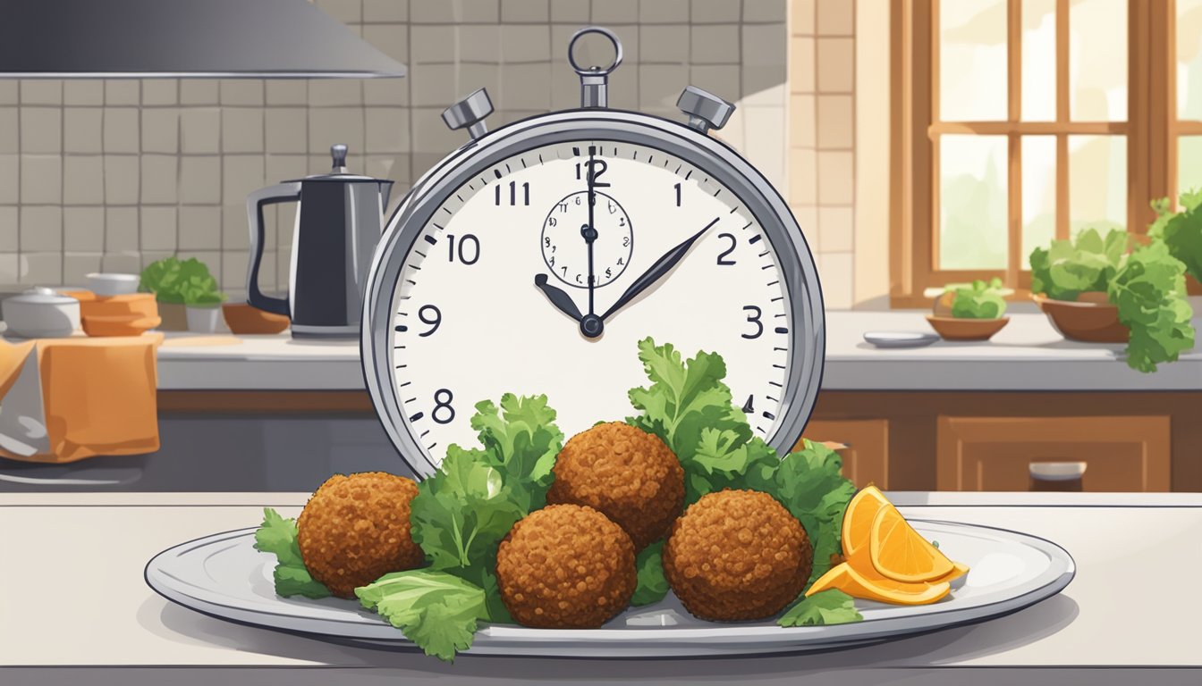 A plate of freshly prepared falafel sits on a kitchen counter, covered with a clean cloth to keep it fresh. A timer on the counter indicates the time passed since it was made