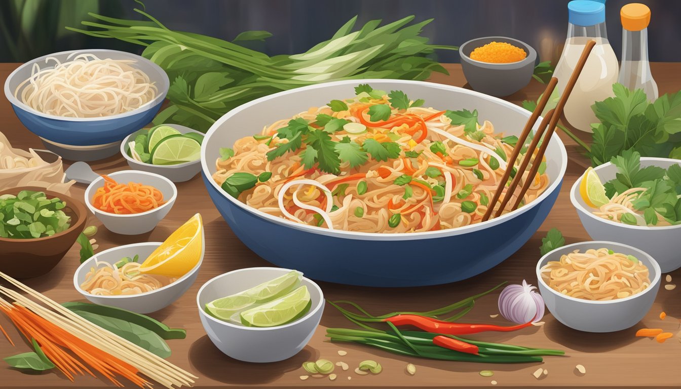 A steaming plate of freshly prepared pad thai sits on a kitchen counter, surrounded by colorful ingredients and cooking utensils