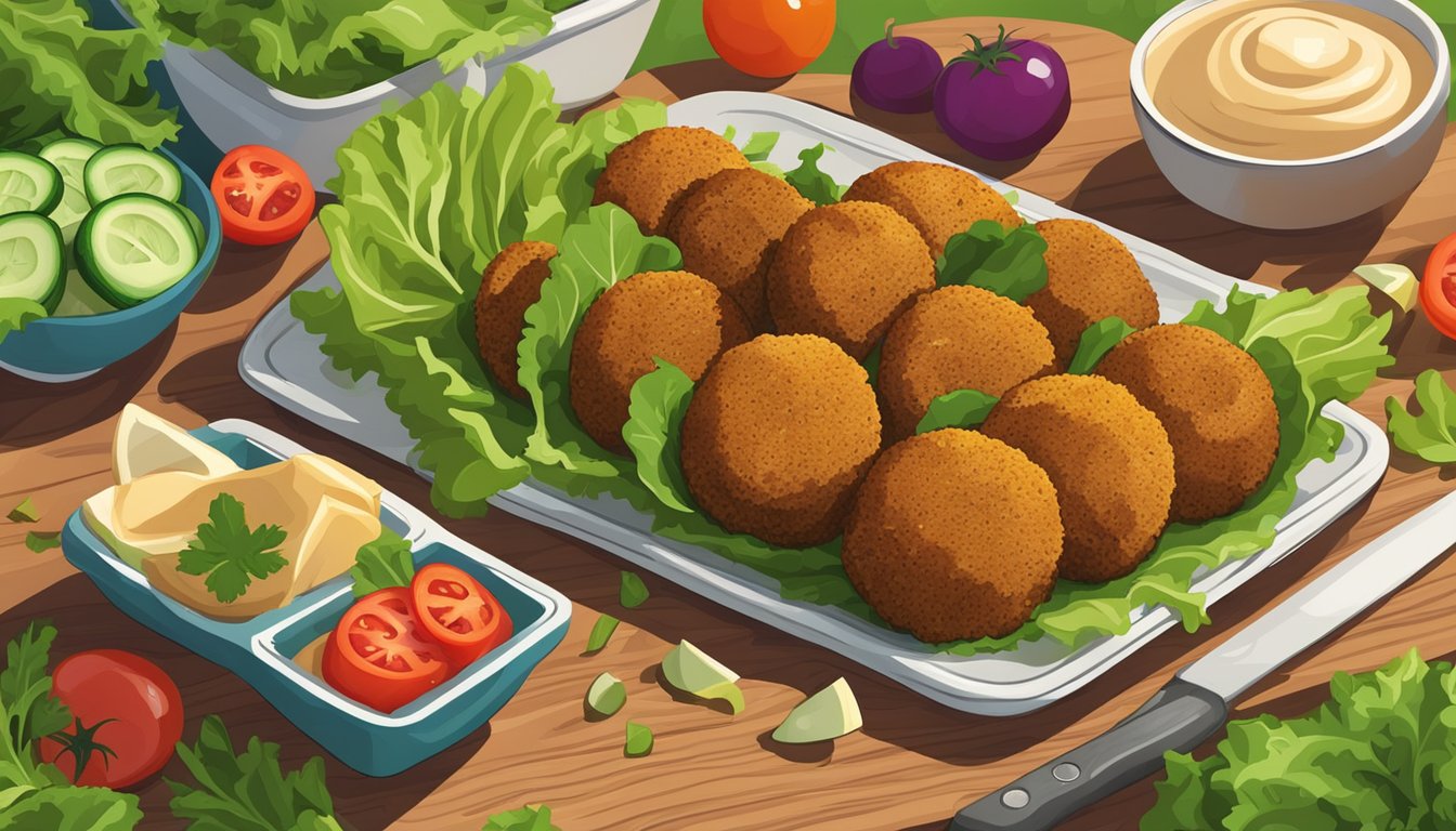 A plate of freshly prepared falafel sits on a wooden cutting board, surrounded by vibrant green lettuce leaves and colorful slices of tomato and cucumber