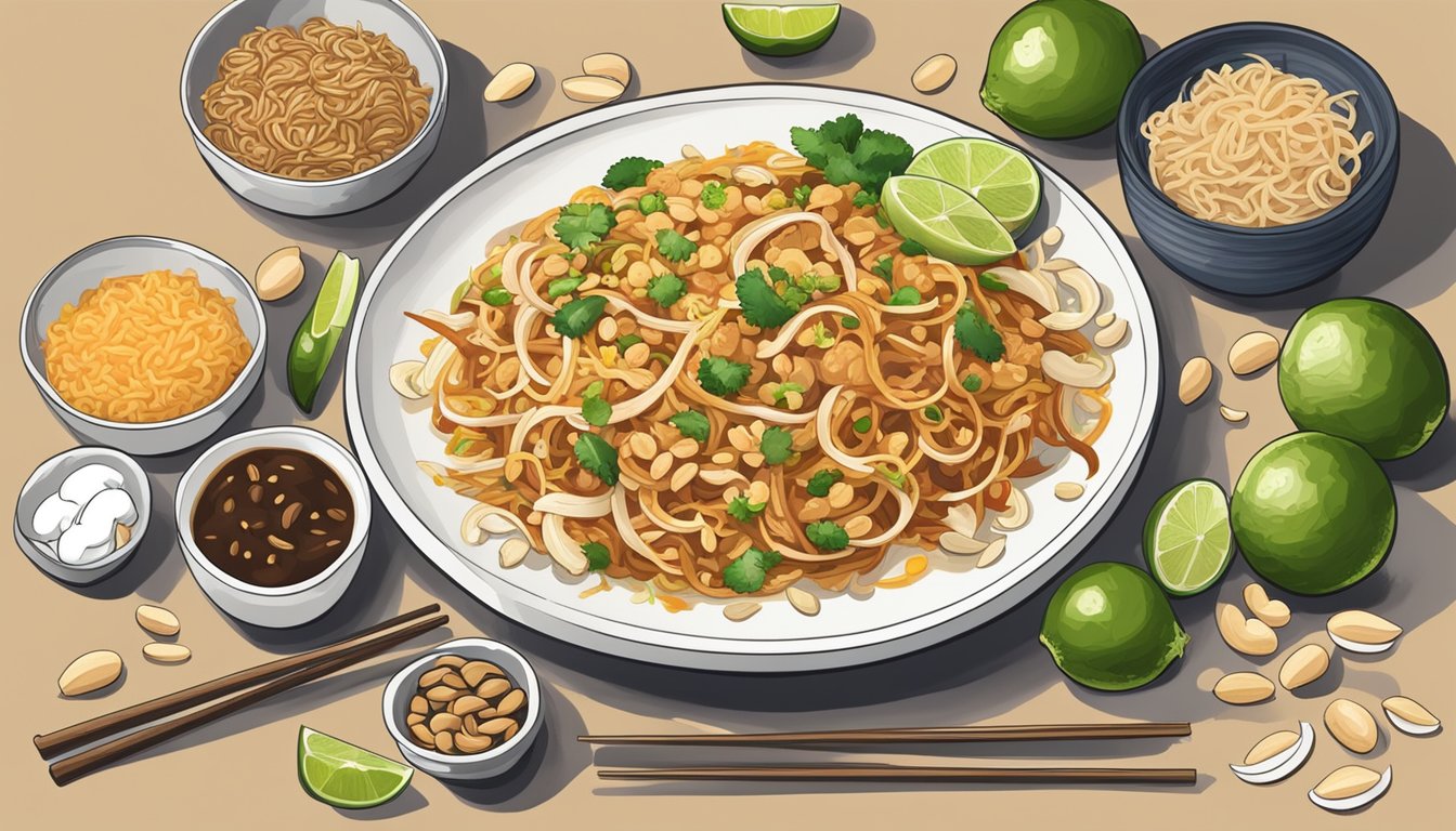 A plate of pad thai sits on a kitchen counter, surrounded by ingredients and utensils. The noodles are coated in a savory sauce and topped with peanuts and lime wedges