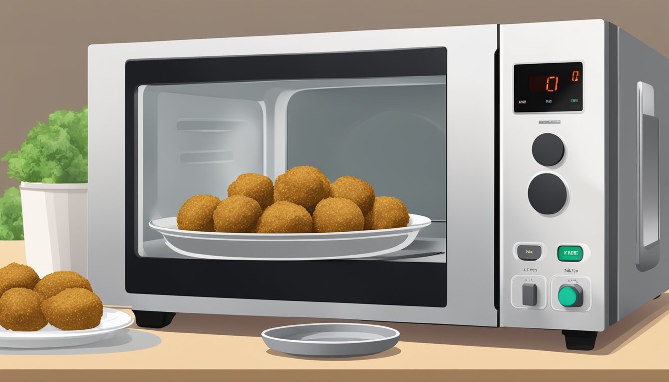 A plate of falafel sits in a microwave. The digital timer shows 30 seconds remaining. Steam rises from the warm food