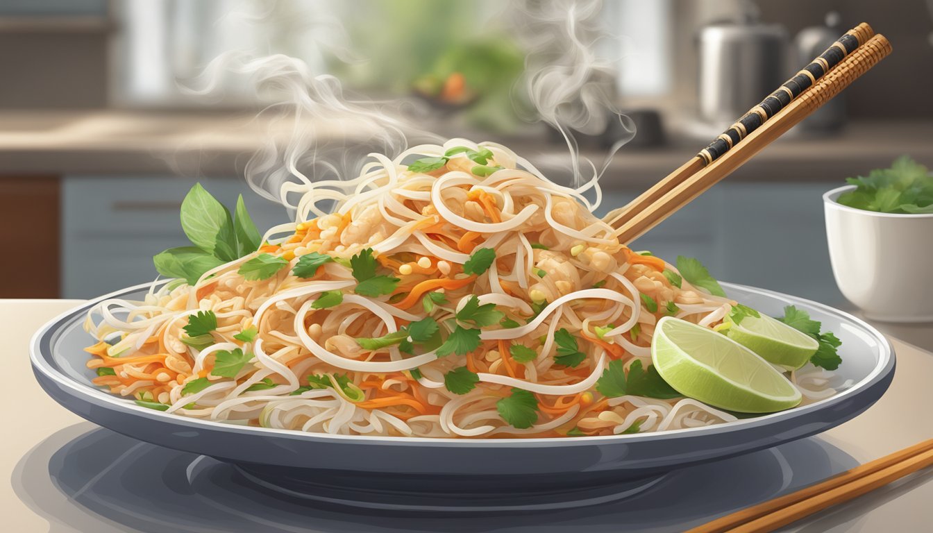 A plate of freshly prepared pad thai sits on a kitchen counter, steam rising from the noodles as a pair of chopsticks hovers over the dish