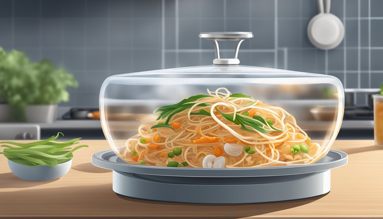 A plate of freshly prepared pad thai sits on a clean kitchen counter, covered with a transparent lid. The steam rises from the dish, indicating its warmth and freshness