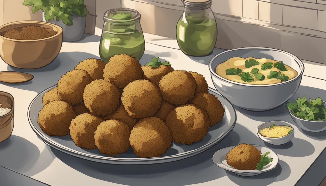 A plate of freshly prepared falafel sits on a clean kitchen counter, surrounded by ingredients and utensils. The falafel is golden brown and crispy, with a steam rising from it