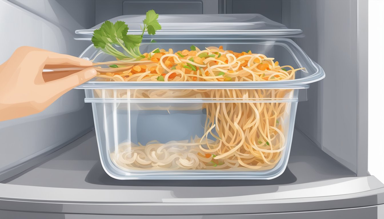 A bowl of freshly prepared pad thai is being transferred into an airtight container. The container is being placed in the refrigerator for storage