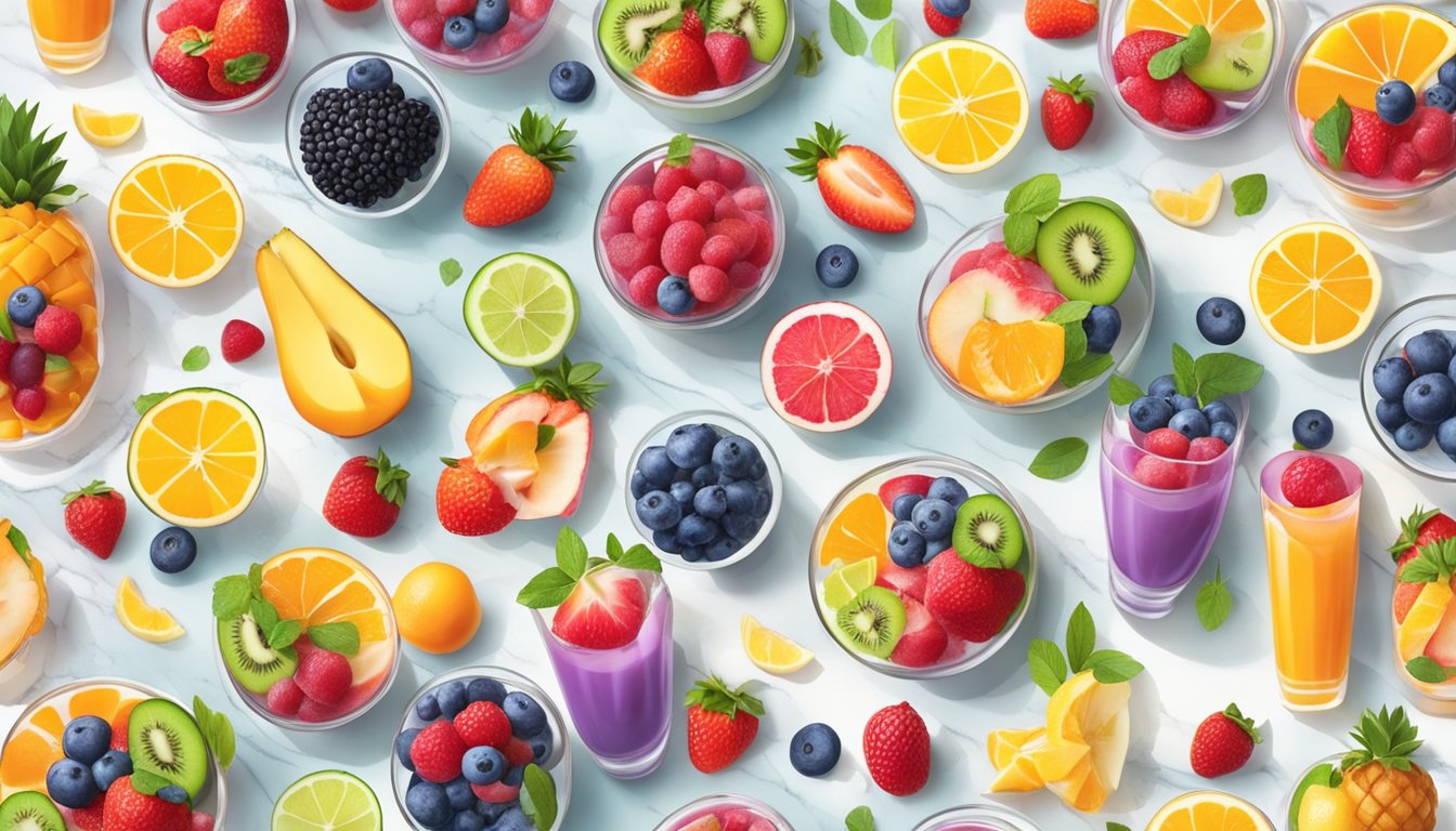 A colorful array of freshly prepared parfaits arranged on a marble countertop, surrounded by vibrant fruits and toppings