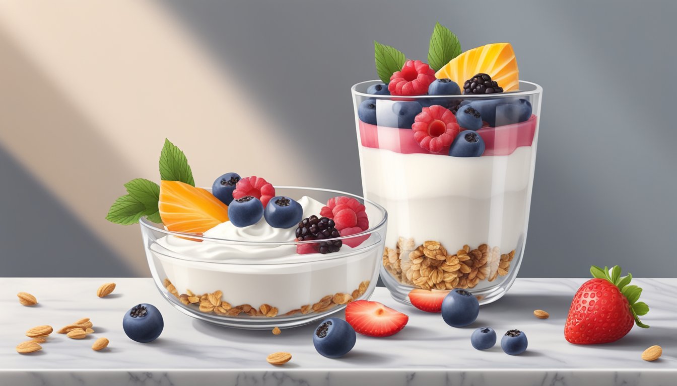 A glass parfait dish filled with layers of yogurt, granola, and fresh fruit sits on a marble countertop, surrounded by scattered berries and a spoon