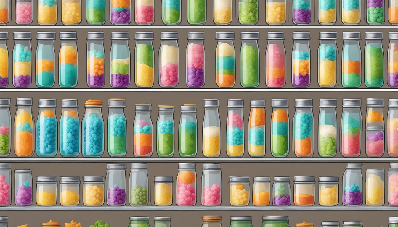 A refrigerator shelf filled with neatly arranged rows of colorful, freshly prepared parfaits in clear glass jars with tightly sealed lids