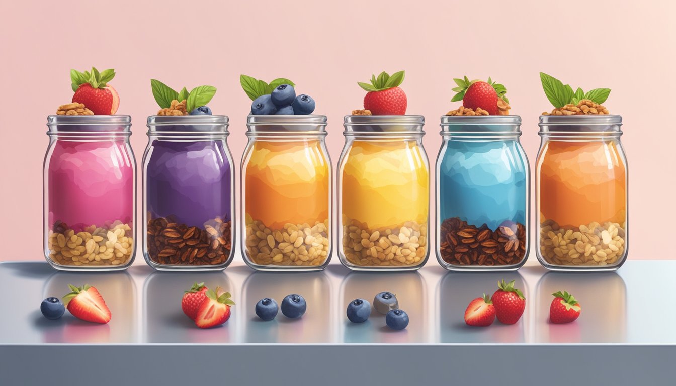 A row of colorful parfaits in glass jars, neatly arranged on a kitchen counter next to fresh fruits and granola