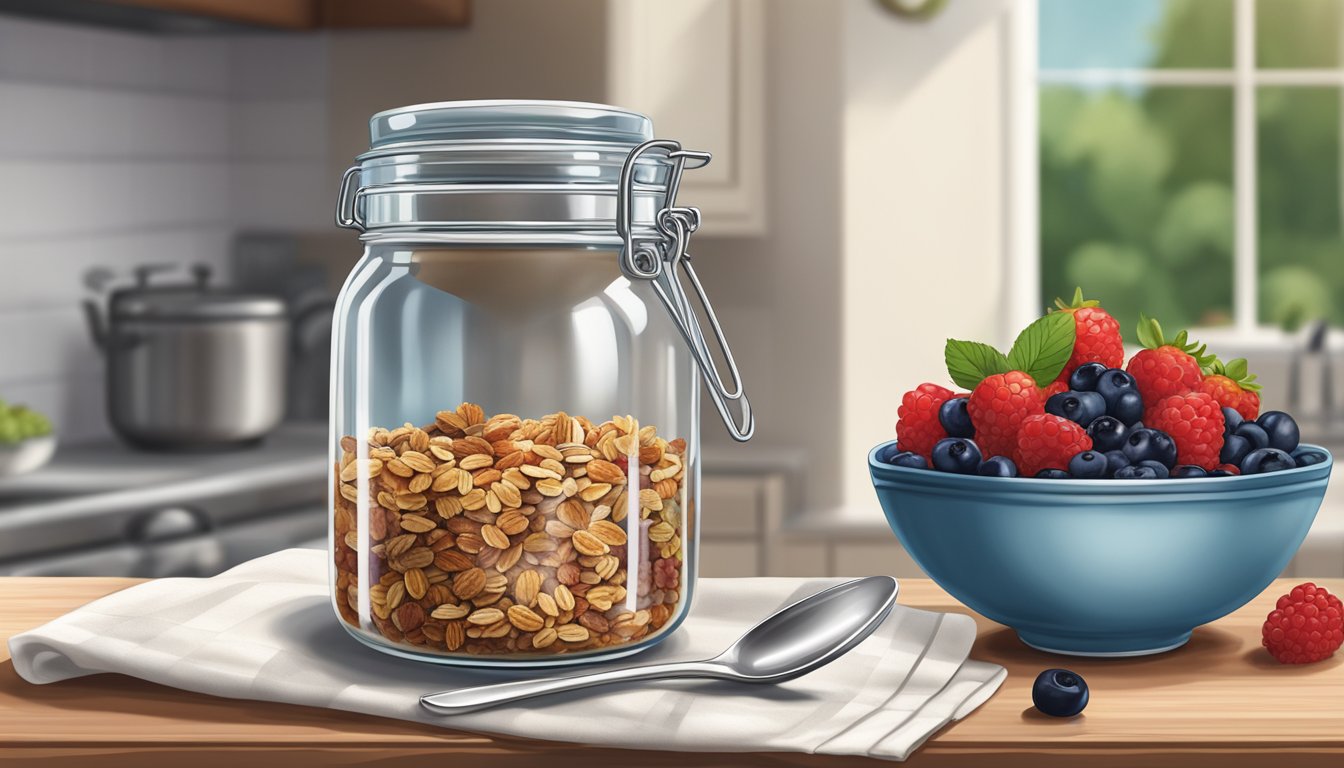 A glass parfait jar sits on a kitchen counter next to a bowl of fresh berries and granola. A spoon rests on a napkin nearby